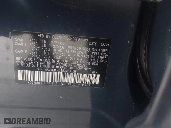 2024 Subaru Ascent Limited with VIN 4S4WMARD4R3461526, listed as a IAAI auction lot 42205013 with 5,713 mi miles and . Bid and sale history available at DreamBid. Image 9.