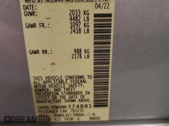 2022 Nissan Altima SV with VIN 1N4BL4DWXNN374881, listed as a Copart auction lot 52409335 with 28,189 mi miles and Salvage Title. Bid and sale history available at DreamBid. Image 12.