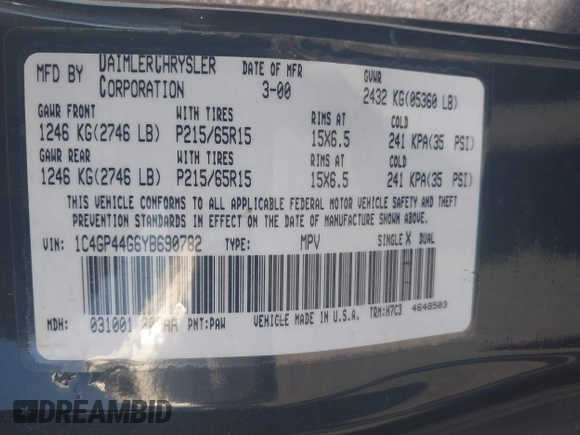 2000 Chrysler Town & Country LX with VIN 1C4GP44G6YB690782, listed as a IAAI auction lot 41661036 with 287,967 mi miles and . Bid and sale history available at DreamBid. Image 9.