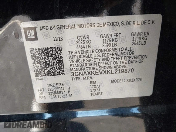 2019 Chevrolet Equinox LT with VIN 3GNAXKEVXKL219870, listed as a IAAI auction lot 41875970 with 82,823 mi miles. Bid and sale history available at carsss.com. Image 9.
