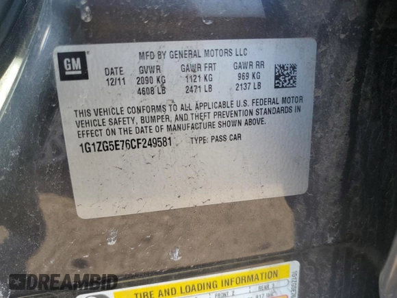 2012 Chevrolet Malibu LTZ with VIN 1G1ZG5E76CF249581, listed as a Copart auction lot 49241595 with 123,864 mi miles and Salvage Title. Bid and sale history available at DreamBid. Image 12.