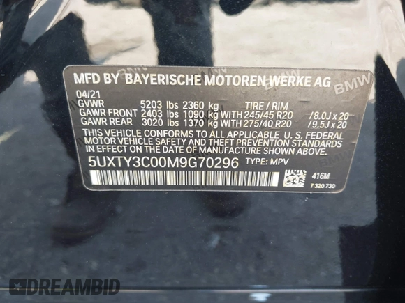 2021 BMW X3 sDrive30i z VIN 5UXTY3C00M9G70296, wystawiony jako IAAI lot #42295882 z przebiegiem 28 895 mil mil oraz . Historia ofert i sprzedaży dostępna na DreamBid. Obrazek 9.