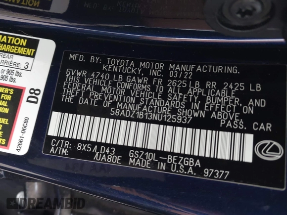 2022 Lexus ES 350 with VIN 58ADZ1B13NU125937, listed as a IAAI auction lot 42361208 with 20,443 mi miles and . Bid and sale history available at DreamBid. Image 9.