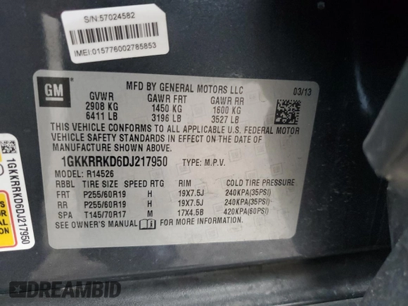 2013 GMC Acadia SLT with VIN 1GKKRRKD6DJ217950, listed as a Copart auction lot 50100785 with 139,592 mi miles and Salvage Title. Bid and sale history available at carsss.com. Image 16.