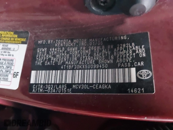2005 Toyota Camry LE with VIN 4T1BF30KX5U099450, listed as a IAAI auction lot 41670099 with Not Provided miles and . Bid and sale history available at DreamBid. Image 9.