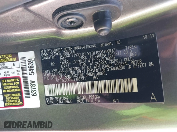 2012 Toyota Sienna XLE AAS with VIN 5TDYK3DC1CS186331, listed as a IAAI auction lot 41545031 with 240,788 mi miles and . Bid and sale history available at DreamBid. Image 9.