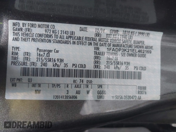 2014 Ford Focus SE with VIN 1FADP3K21EL462169, listed as a IAAI auction lot 42145524 with 100,156 mi miles. Bid and sale history available at carsss.com. Image 9.