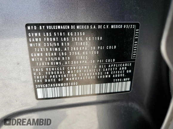 2022 Volkswagen Tiguan SE R-Line Black with VIN 3VVCB7AX6NM081880, listed as a Copart auction lot 54102735 with 52,010 mi miles and Salvage Title. Bid and sale history available at DreamBid. Image 13.