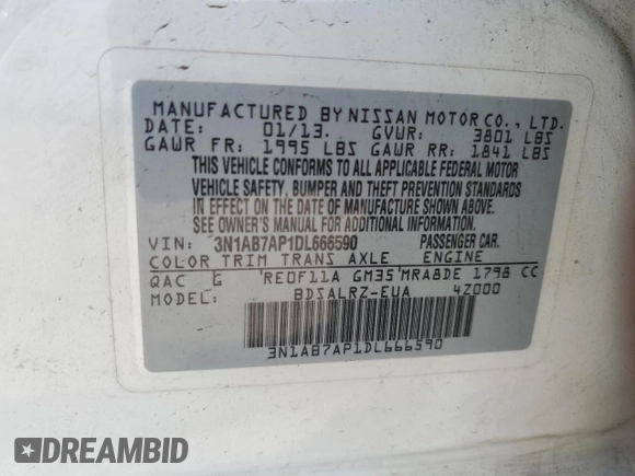 2013 Nissan Sentra SV with VIN 3N1AB7AP1DL666590, listed as a Copart auction lot 48537335 with 171,615 mi miles and Salvage Title. Bid and sale history available at DreamBid. Image 12.