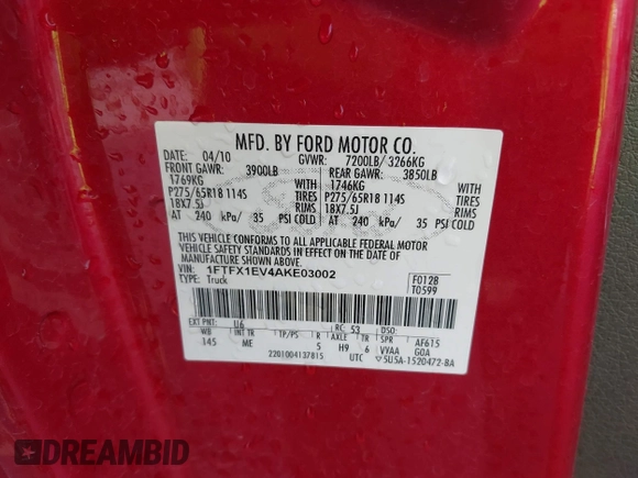 2010 Ford F-150 XL with VIN 1FTFX1EV4AKE03002, listed as a IAAI auction lot 42488513 with 170,178 mi miles and . Bid and sale history available at DreamBid. Image 9.