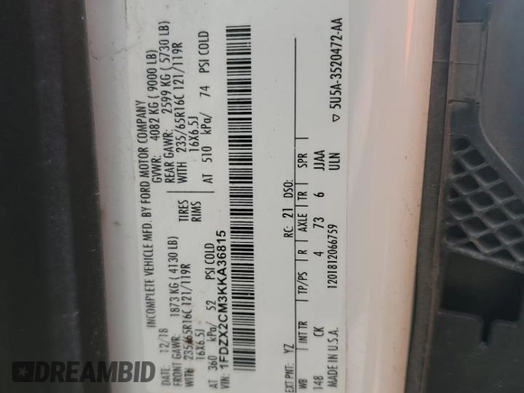 2019 Ford Transit XL с VIN 1FDZX2CM3KKA36815, выставлен на аукционе Copart как лот 66053215 с пробегом 173 978 миль миль и Чистый • Clean title. История ставок и продаж доступна на DreamBid. Изображение 13.