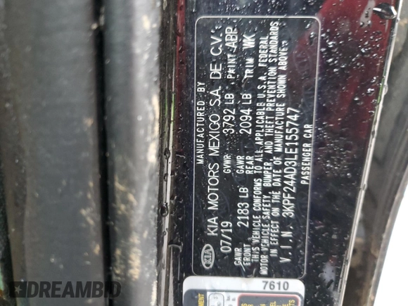 2020 Kia Forte LXS with VIN 3KPF24AD3LE155747, listed as a Copart auction lot 87739865 with 92,107 mi miles and Salvage Title. Bid and sale history available at carsss.com. Image 14.