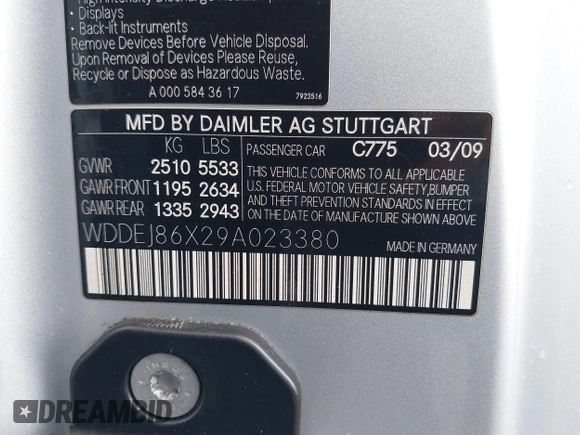 2009 Mercedes-Benz CL 5.5L V8 with VIN WDDEJ86X29A023380, listed as a IAAI auction lot 41746047 with 59,496 mi miles. Bid and sale history available at carsss.com. Image 9.