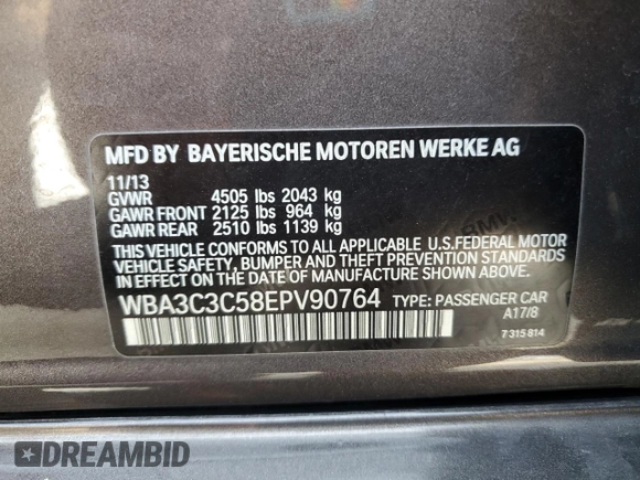 2014 BMW 3 Series 320i xDrive с VIN WBA3C3C58EPV90764, выставлен на аукционе Copart как лот 59424895 с пробегом 116 054 миль миль и Списание • Salvage title. История ставок и продаж доступна на DreamBid. Изображение 12.