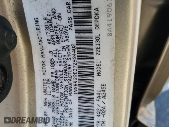 2007 Toyota Corolla CE with VIN 1NXBR32E37Z834402, listed as a Copart auction lot 45169685 with 134,420 mi miles and Salvage Title. Bid and sale history available at DreamBid. Image 12.