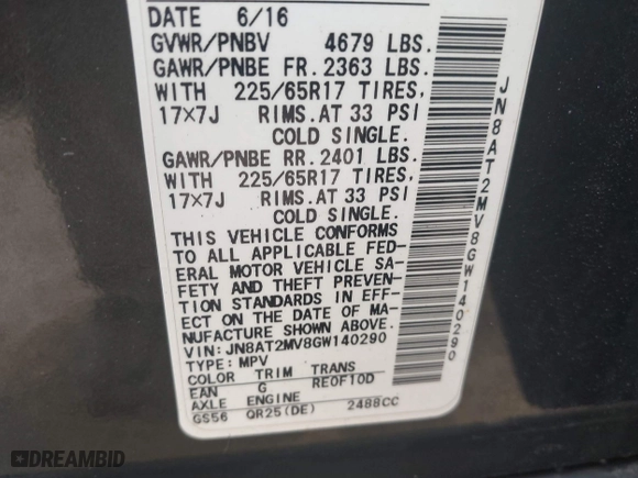 2016 Nissan Rogue S with VIN JN8AT2MV8GW140290, listed as a IAAI auction lot 42018066 with 136,219 mi miles. Bid and sale history available at carsss.com. Image 9.