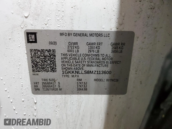 2021 GMC Acadia AT4 with VIN 1GKKNLLS8MZ113600, listed as a Copart auction lot 52073225 with 92,229 mi miles and Salvage title. Bid and sale history available at DreamBid. Image 14.