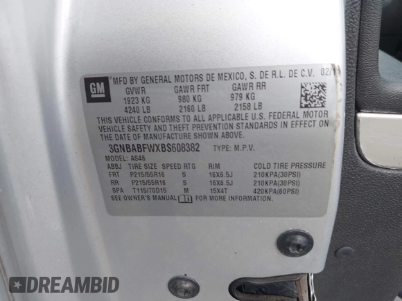 2011 Chevrolet HHR 1LT с VIN 3GNBABFWXBS608382, выставлен на аукционе IAAI как лот 42447607 с пробегом 125 498 миль миль и . История ставок и продаж доступна на DreamBid. Изображение 9.