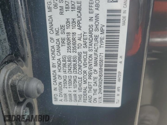2021 Honda CR-V EX-L with VIN 2HKRW2H8XMH658171, listed as a Copart auction lot 62904405 with 35,656 mi miles and Salvage title. Bid and sale history available at DreamBid. Image 13.