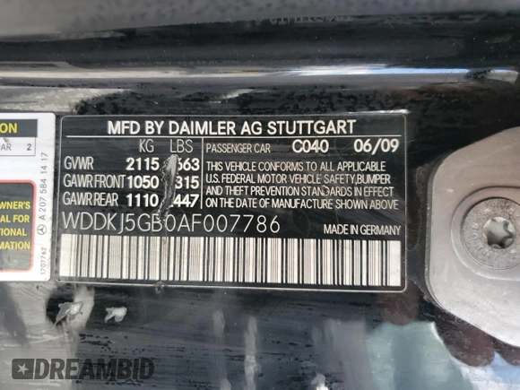 2010 Mercedes-Benz E 350 with VIN WDDKJ5GB0AF007786, listed as a Copart auction lot 54393485 with 129,573 mi miles and Salvage Title. Bid and sale history available at carsss.com. Image 12.