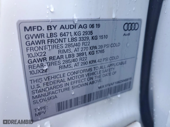 2019 Audi Q8 Prestige with VIN WA1FVAF19KD045915, listed as a Copart auction lot 52438855 with 62,532 mi miles and Salvage Title. Bid and sale history available at carsss.com. Image 14.