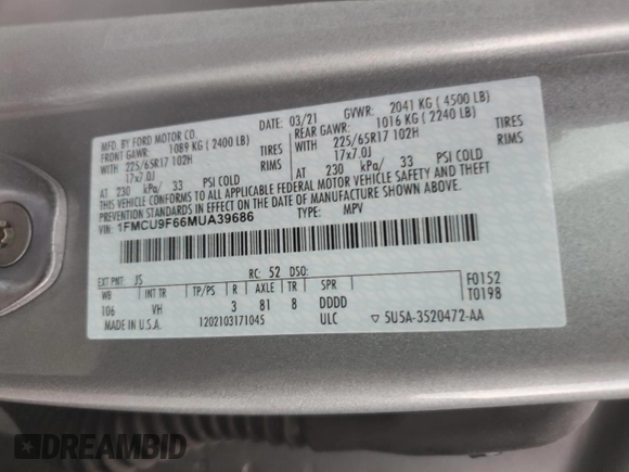 2021 Ford Escape S with VIN 1FMCU9F66MUA39686, listed as a Copart auction lot 59488645 with 51,589 mi miles and Salvage title. Bid and sale history available at DreamBid. Image 12.