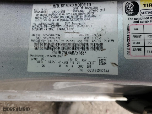 2010 Lincoln MKZ with VIN 3LNHL2GC4AR751685, listed as a Copart auction lot 42537015 with NaN miles and Salvage Title. Bid and sale history available at carsss.com. Image 12.