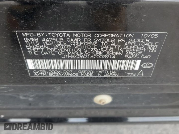 2006 Lexus IS 250 z VIN JTHBK262162003914, wystawiony jako Copart lot #56927115 z przebiegiem 136 494 mil mil oraz Czysty tytuł • Clean title. Historia ofert i sprzedaży dostępna na DreamBid. Obrazek 12.