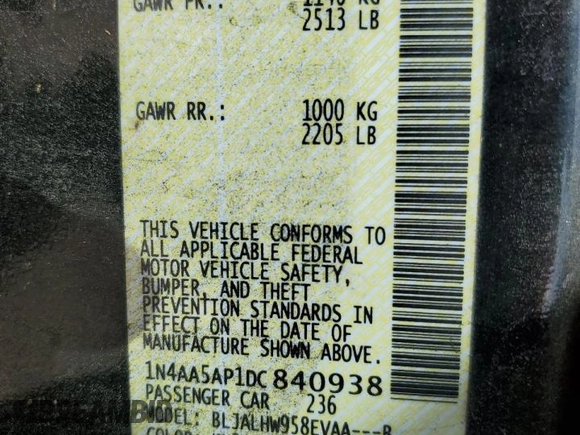 2013 Nissan Maxima S with VIN 1N4AA5AP1DC840938, listed as a Copart auction lot 54053185 with 145,174 mi miles and Salvage Title. Bid and sale history available at DreamBid. Image 12.