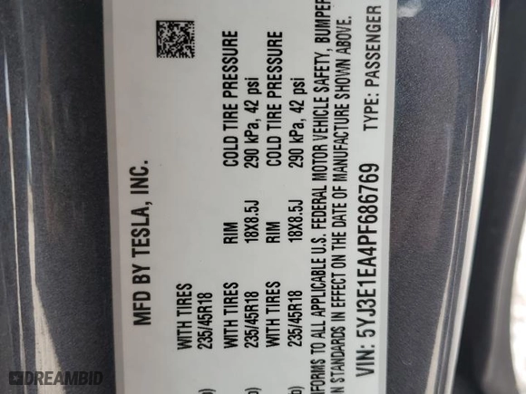 2023 Tesla Model 3 with VIN 5YJ3E1EA4PF686769, listed as a Copart auction lot 45866915 with 17,602 mi miles and Salvage Title. Bid and sale history available at carsss.com. Image 12.