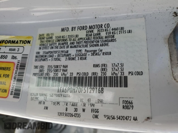 2015 Ford Fusion SE with VIN 1FA6P0H70F5129168, listed as a Copart auction lot 48857264 with 156,270 mi miles and Salvage Title. Bid and sale history available at DreamBid. Image 12.