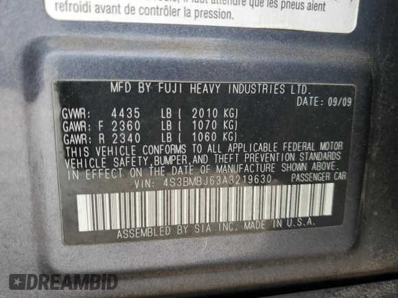 2010 Subaru Legacy Limited с VIN 4S3BMBJ63A3219630, выставлен на аукционе Copart как лот 87854295 с пробегом 179 482 миль миль и На запчасти • Non repairable. История ставок и продаж доступна на DreamBid. Изображение 14.