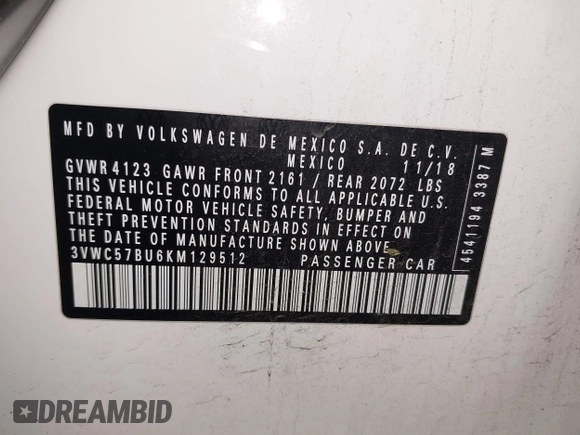 2019 Volkswagen Jetta S z VIN 3VWC57BU6KM129512, wystawiony jako IAAI lot #42205228 z przebiegiem 92 940 mil mil oraz . Historia ofert i sprzedaży dostępna na DreamBid. Obrazek 9.