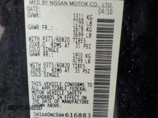 2010 Nissan Armada Titanium z VIN 5N1AA0NC0AN616883, wystawiony jako Copart lot #55729375 z przebiegiem 199 421 mil mil oraz Szkoda całkowita • Salvage title. Historia ofert i sprzedaży dostępna na DreamBid. Obrazek 12.