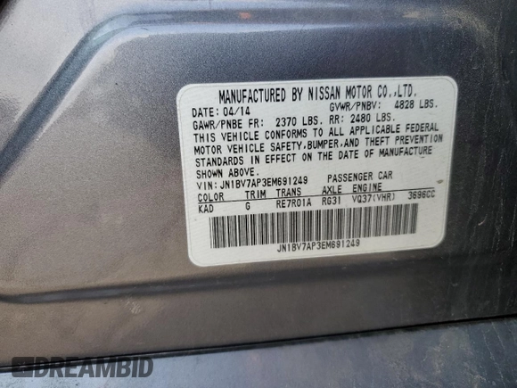 2014 Infiniti Q50 Premium with VIN JN1BV7AP3EM691249, listed as a Copart auction lot 59920285 with 168,208 mi miles and Salvage title. Bid and sale history available at DreamBid. Image 12.