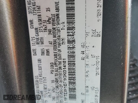 2016 Ford F-150 XLT z VIN 1FTEW1EF1GKD14181, wystawiony jako Copart lot #45166825 z przebiegiem 94 077 mil mil oraz Szkoda całkowita • Salvage title. Historia ofert i sprzedaży dostępna na DreamBid. Obrazek 14.