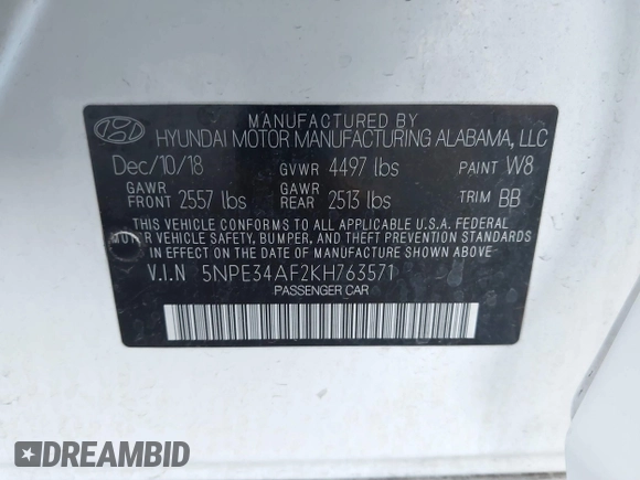 2019 Hyundai Sonata SEL with VIN 5NPE34AF2KH763571, listed as a IAAI auction lot 41257550 with 92,247 mi miles and . Bid and sale history available at DreamBid. Image 9.