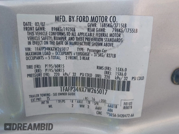 2007 Ford Focus S with VIN 1FAFP34NX7W265017, listed as a IAAI auction lot 42415556 with 71,840 mi miles and . Bid and sale history available at DreamBid. Image 9.