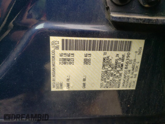 2012 Nissan Maxima SV with VIN 1N4AA5AP1CC866390, listed as a Copart auction lot 58710935 with 156,107 mi miles and Salvage title. Bid and sale history available at DreamBid. Image 12.