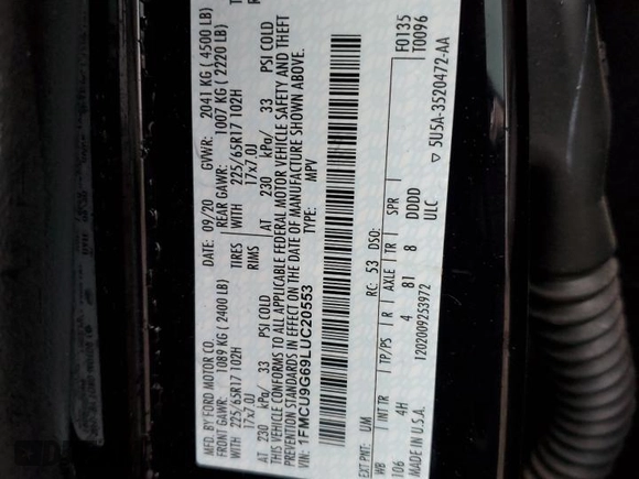 2020 Ford Escape SE with VIN 1FMCU9G69LUC20553, listed as a Copart auction lot 43860345 with 53,466 mi miles and Salvage Title. Bid and sale history available at carsss.com. Image 15.