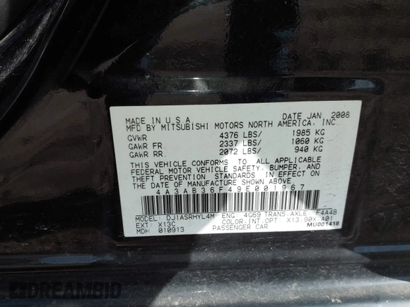 2009 Mitsubishi Galant ES z VIN 4A3AB36F49E001967, wystawiony jako IAAI lot #41763760 z przebiegiem 84 297 mil mil oraz . Historia ofert i sprzedaży dostępna na DreamBid. Obrazek 9.