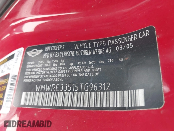 2005 MINI Hardtop S with VIN WMWRE33515TG96312, listed as a IAAI auction lot 42397054 with 176,049 mi miles and . Bid and sale history available at DreamBid. Image 9.