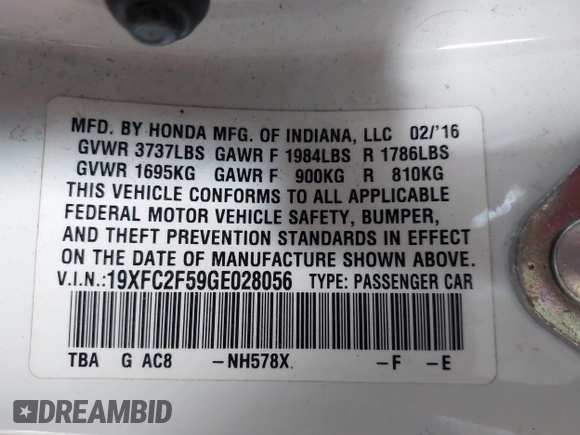 2016 Honda Civic Sedan LX with VIN 19XFC2F59GE028056, listed as a IAAI auction lot 41875940 with 124,243 mi miles. Bid and sale history available at carsss.com. Image 9.