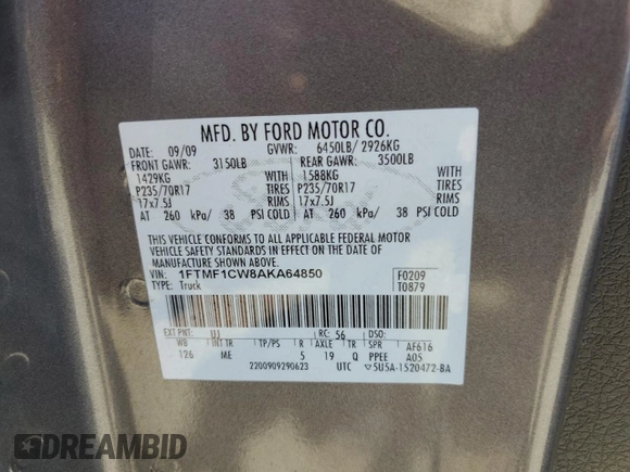 2010 Ford F-150 XL с VIN 1FTMF1CW8AKA64850, выставлен на аукционе Copart как лот 56169285 с пробегом 183 157 миль миль и Списание • Salvage title. История ставок и продаж доступна на DreamBid. Изображение 12.