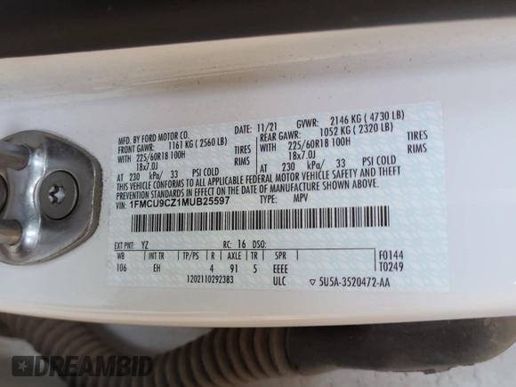2021 Ford Escape SEL Hybrid with VIN 1FMCU9CZ1MUB25597, listed as a IAAI auction lot 42663573 with 79,061 mi miles and . Bid and sale history available at DreamBid. Image 3.