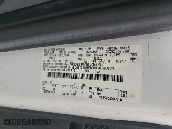 2015 Ford Transit Cargo z VIN 1FTNR1YM7FKB03812, wystawiony jako Copart lot #56453835 z przebiegiem 139 412 mil mil oraz Czysty tytuł • Clean title. Historia ofert i sprzedaży dostępna na DreamBid. Obrazek 13.