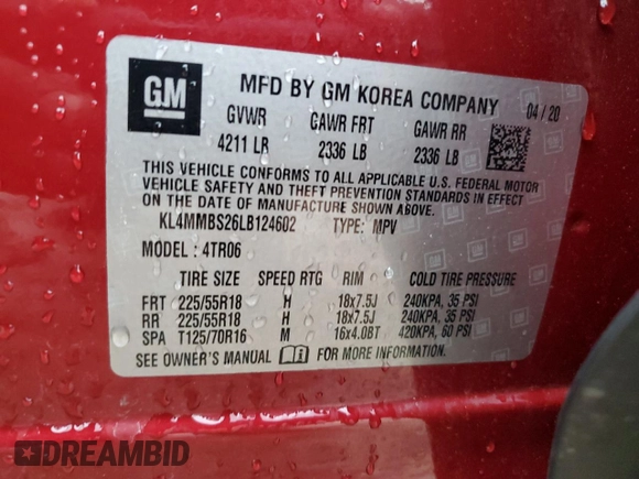 2020 Buick Encore GX Preferred with VIN KL4MMBS26LB124602, listed as a Copart auction lot 53979505 with 42,766 mi miles and Salvage title. Bid and sale history available at DreamBid. Image 13.
