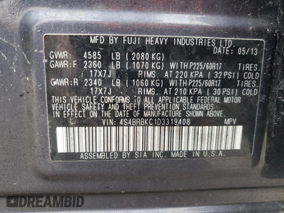 2013 Subaru Outback Limited with VIN 4S4BRBKC1D3319408, listed as a Copart auction lot 45486565 with Not provided miles and Non repairable. Bid and sale history available at DreamBid. Image 13.