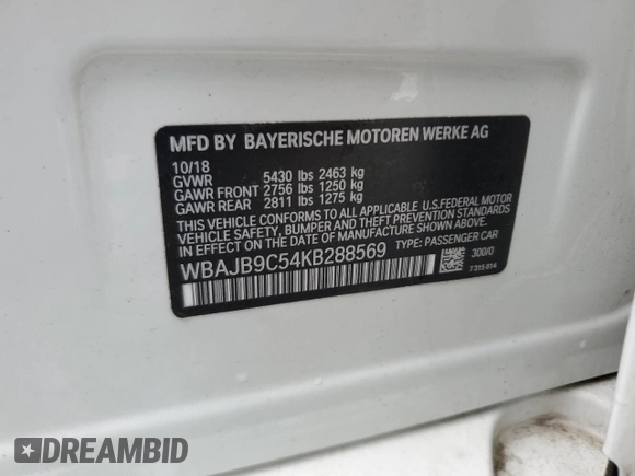 2019 BMW 5 Series M550i xDrive with VIN WBAJB9C54KB288569, listed as a Copart auction lot 58707235 with Not provided miles and Salvage title. Bid and sale history available at DreamBid. Image 13.