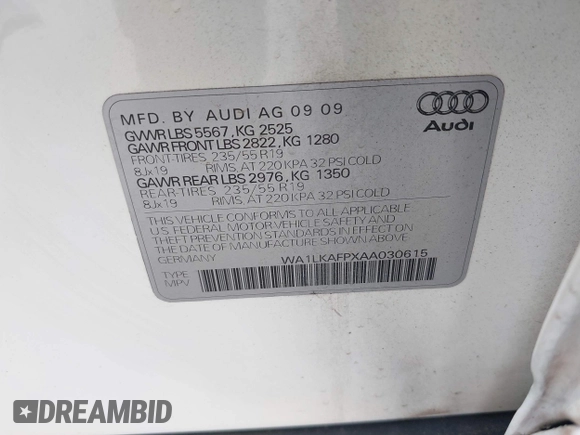 2010 Audi Q5 Premium Plus z VIN WA1LKAFPXAA030615, wystawiony jako IAAI lot #42508367 z przebiegiem 174 767 mil mil oraz . Historia ofert i sprzedaży dostępna na DreamBid. Obrazek 9.